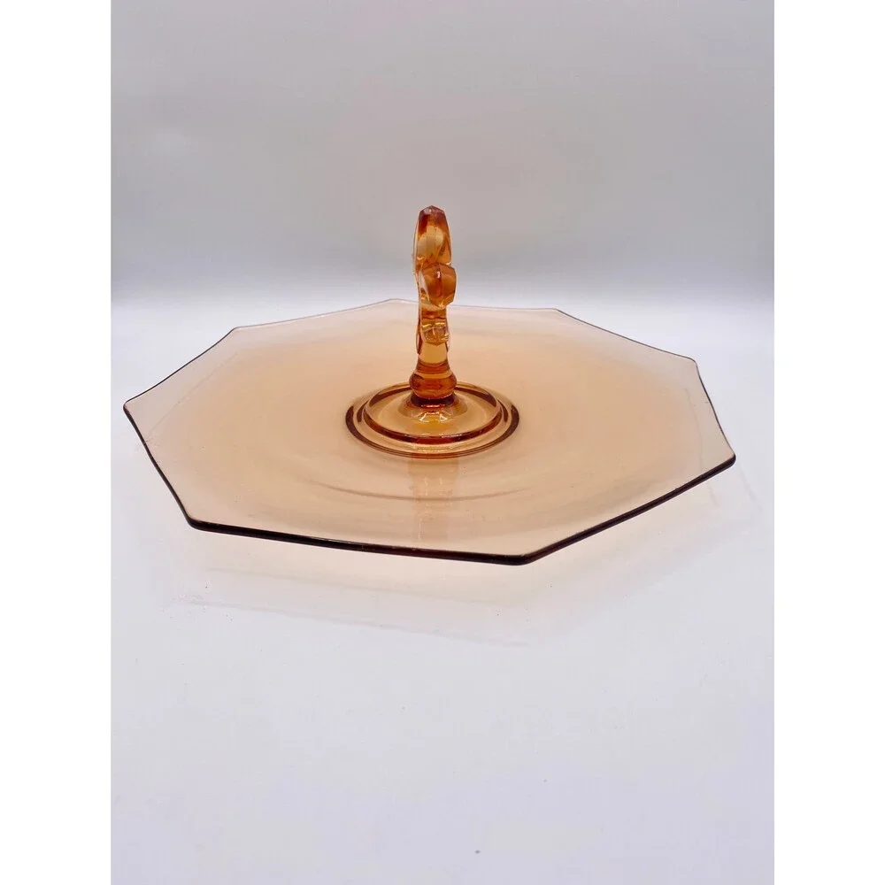 Fostoria Pioneer Amber Glass Serving Dish: Fleur de Lis Handle, Octagon 12”